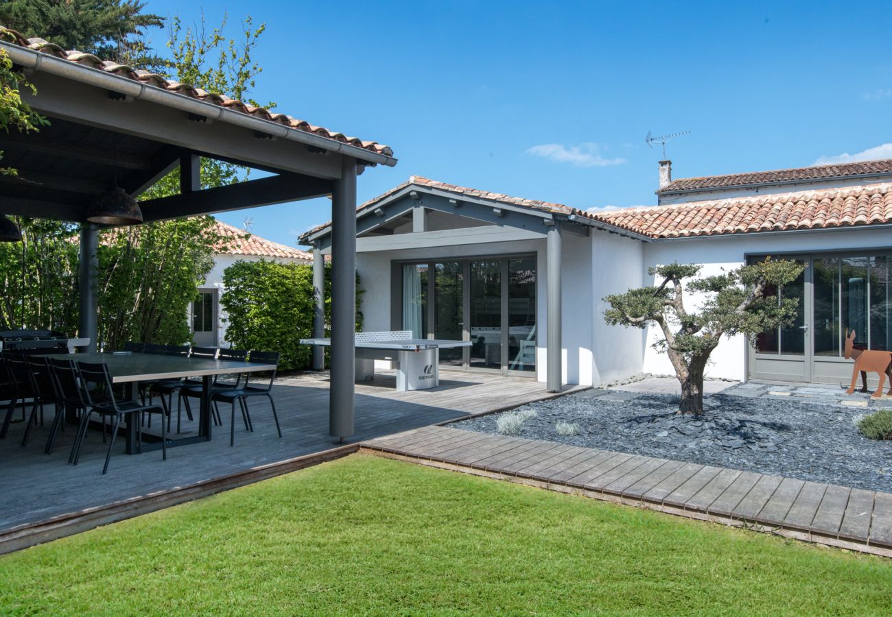 Garden, terrace with table and chairs and ping pong table