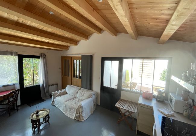 The bright living room of the outbuilding with sofa and coffee table