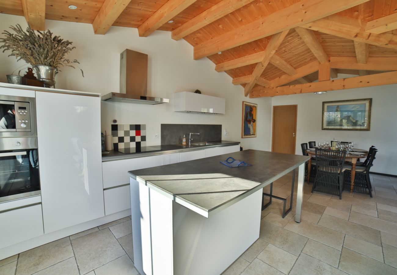 The kitchen with large fridge, oven, induction hob and central island