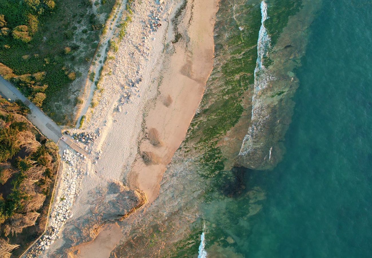 Vista aérea de una playa de arena al atardecer