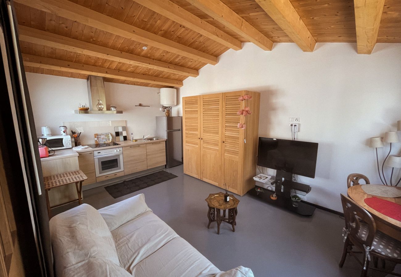 Living room with sofas, television, and fully equipped kitchen 