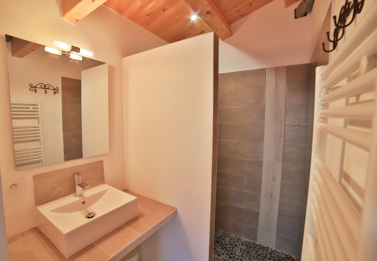 Salle de bain avec vasque, miroir et douche italienne 