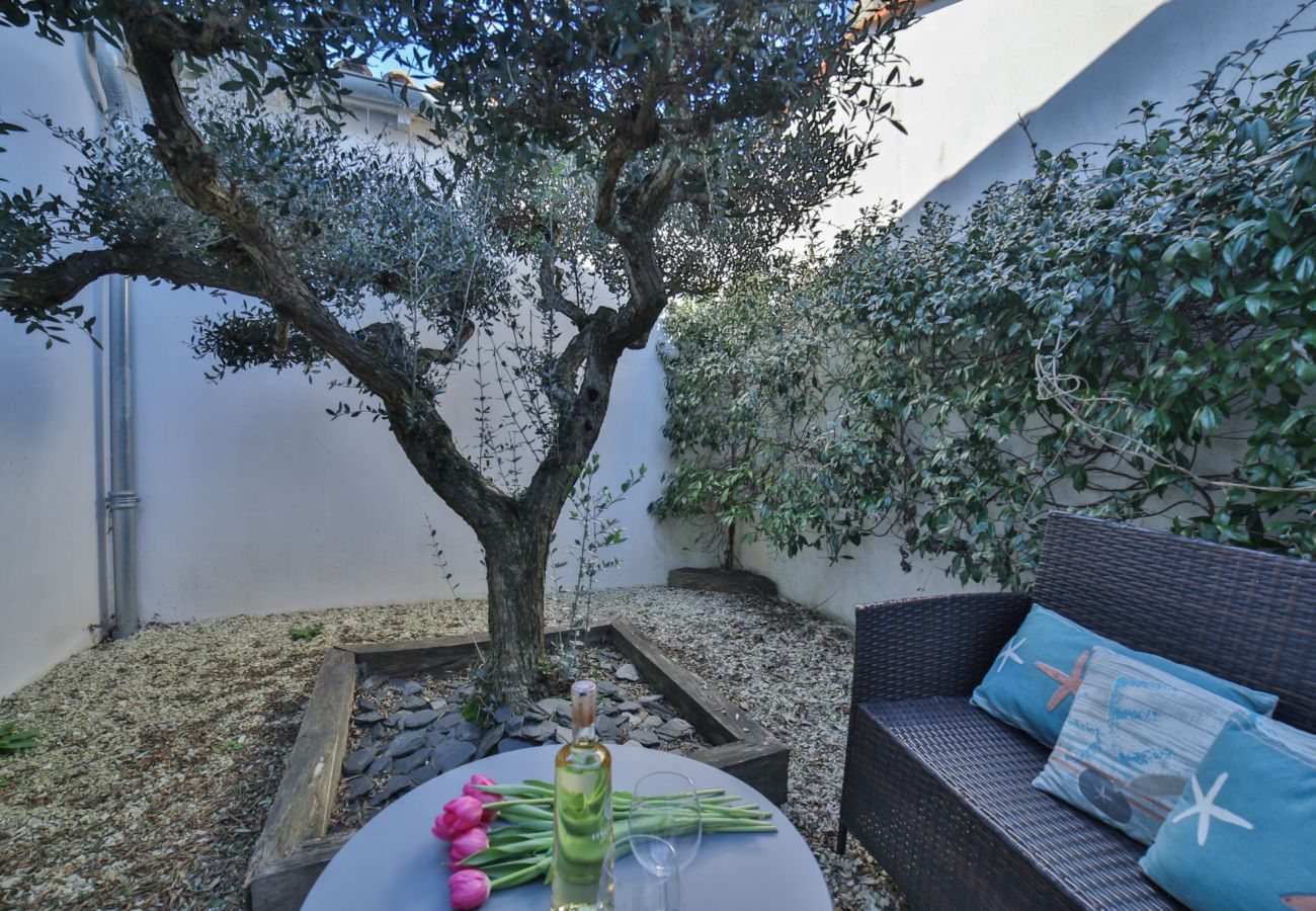 Jardin de cour avec canapé, table d'apéro sous grand olivier 