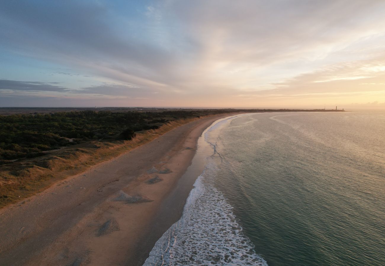 Vue aérienne sur plage de sable au couché de soleil